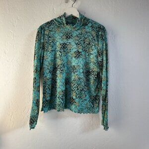 Sigrid Olsen Turquoise & Green Floral Mesh Turtleneck Long Sleeve Top XL